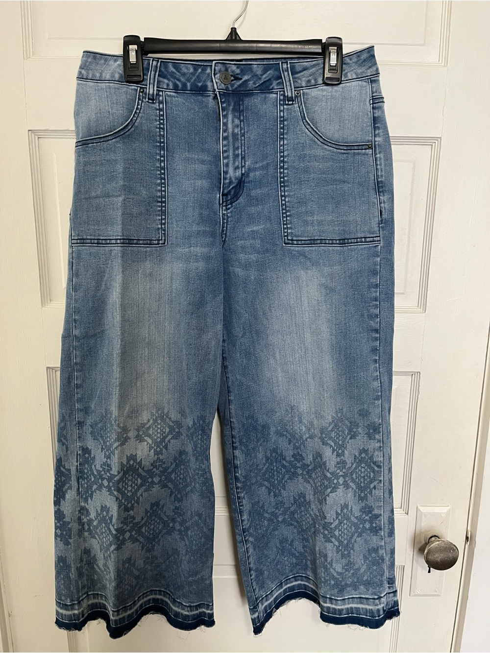 Two2Fly Wide Leg Patterned Hem Denim Pants - Light Blue XL
